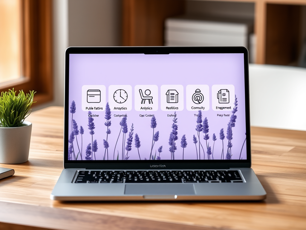 Laptop displaying a lavender interface with icons representing various services, including public relations, analytics, and community engagement, set on a wooden desk with a small plant.
