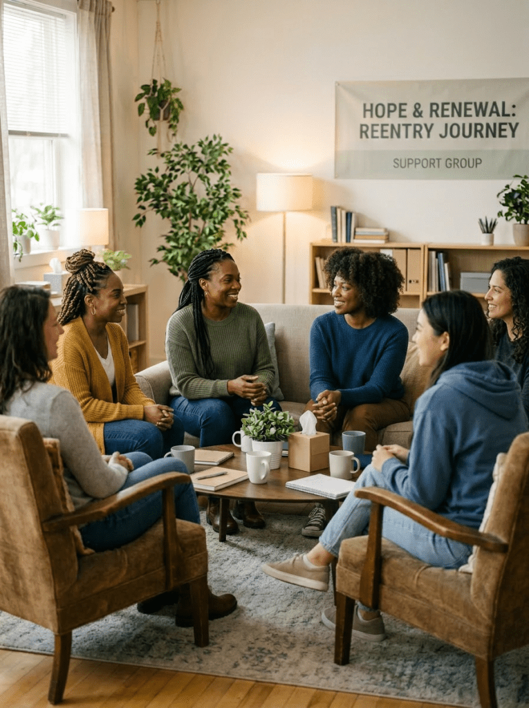 Six women sitting in a circle having a friendly support group meeting