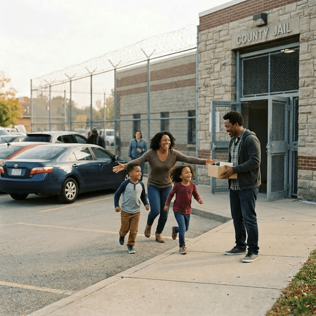 Man holding box walking from county jail greeted by smiling woman and two children