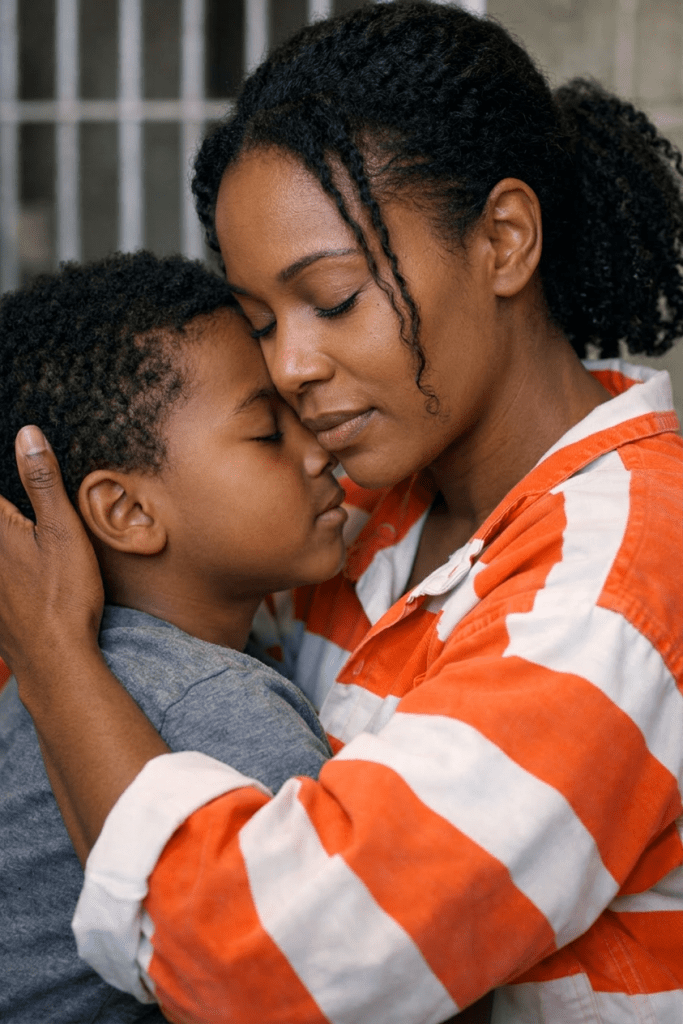 Woman in prison uniform hugging young boy with closed eyes