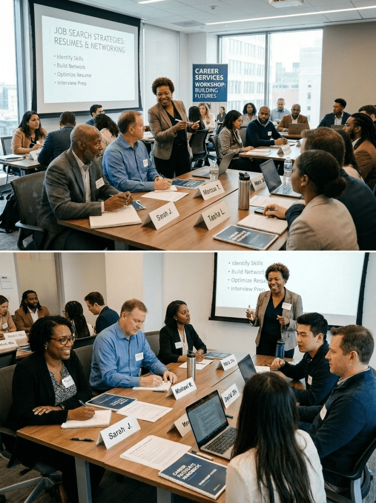 Group of diverse professionals attending a career workshop with presentations and discussions