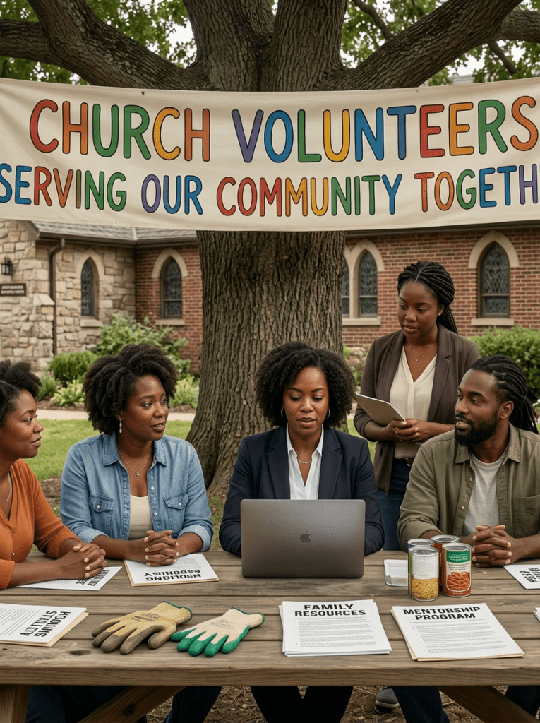 A diverse group of people sitting and standing around a table in a meeting with a banner reading Supporting Families Together: Community Partners Collaborative