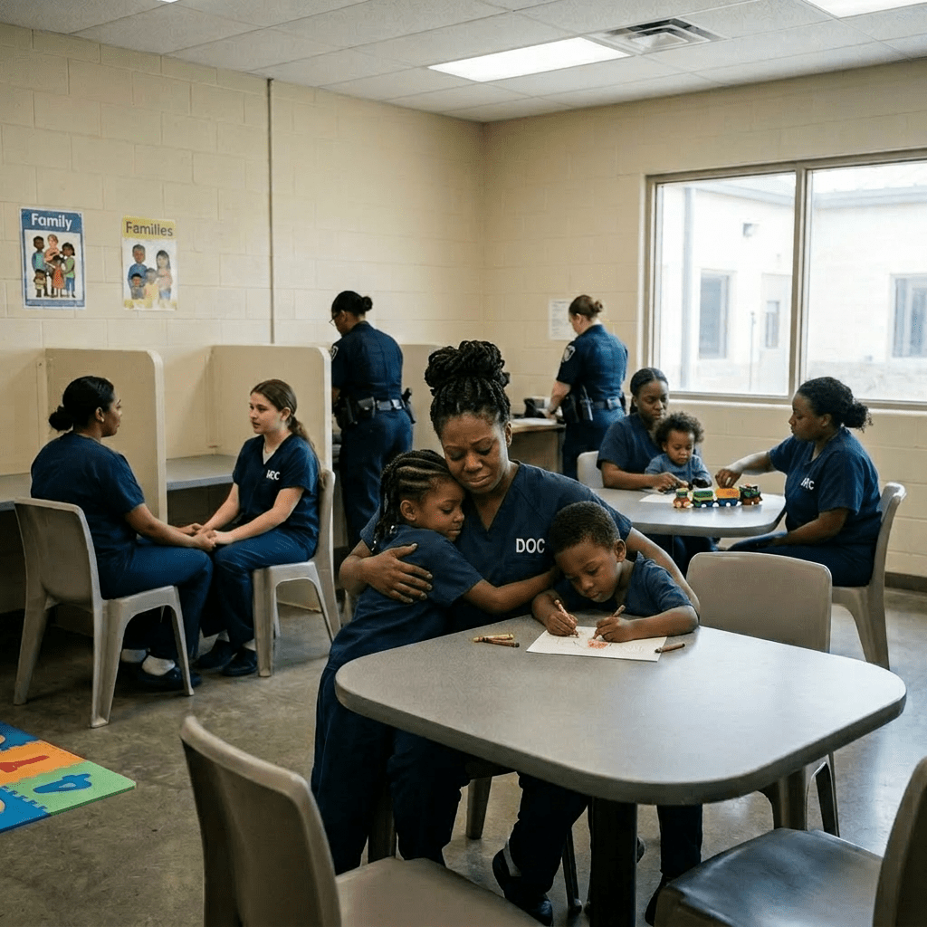 Inmates and their children interacting in a correctional facility visitation room